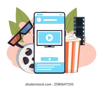 Online cinema concept. Smartphone near 3d glasses, film reel and pop corn basket. Filmmaking and cinema industry. Series, movies or theatrical performance on internet. Flat vector illustration