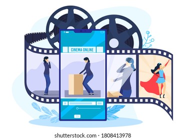 Ilustración vectorial del concepto de cine en línea. Concepto de arte cinematográfico plano con personajes femeninos viendo películas en línea, usando smartphone e imaginando superhéroe aislado en blanco