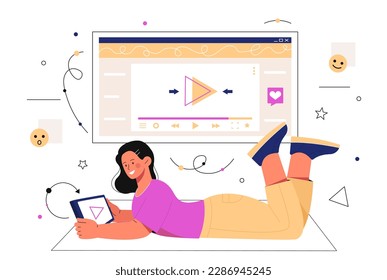 Concepto de cine en línea. Mujer con tablet miente y mira películas y series. Animación y ocio. Interesante contenido de medios sociales. Video marketing. Dibujo vectorial plano de dibujos animados