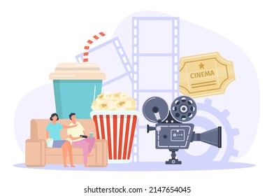 Online cinema concepts, pop corn and camera. Vector movie and popcorn, cinema film entertainment, cinematography concept illustration