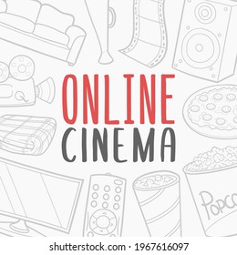 Online Cinema Doodle Banner Icon. Hobby Films Vector Illustration Hand Drawn Art. Line Symbols Sketch Background.