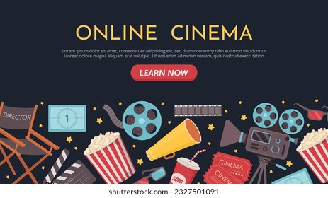 El concepto de banner de elementos de cine en línea. Palomitas de maíz, altavoces, cámara y cinta. Películas y series. gafas 3D, refrescos y boletos. Diseño de página de inicio. Dibujo vectorial plano de dibujos animados