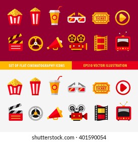 Online cinema flat icons set for online movie theater vector illustration. Cinematography collection, filmmaking