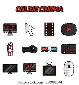 Online cinema flat icons set