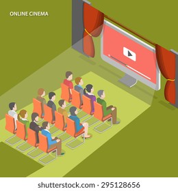 Online Cinema Flat Isometric Vector Concept. People Watch Online Video Sitting Opposite Of Computer Screen Like In Cinema.