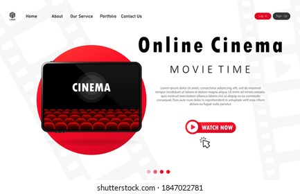 Online cinema illustration. Watch movies on tablet staying at home. Movie time. Vector EPS 10. Isolated on white background