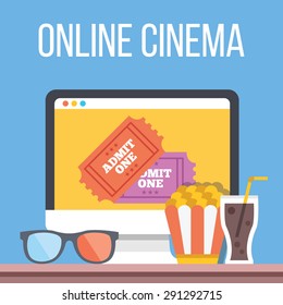 Online cinema, internet streaming flat illustration. Flat design concepts for web banners, web sites, printed materials. Creative vector illustration
