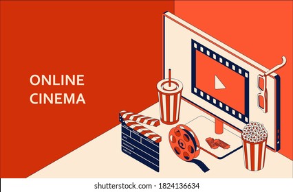 Online cinema isometric concept with computer monitor, popcorn, drink, clapperboard, 3d glasses and filmstrip