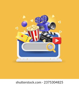 Online cinema movie concept. Searching films on laptop. Popcorn, film clapper, camera. Site with film catalog. 3d vector