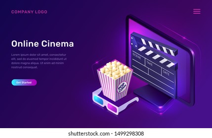 Online cinema or movie, isometric concept vector illustration. Computer monitor or TV screen, popcorn bucket, 3D glasses and clapper on ultraviolet background. Home cinema website landing page