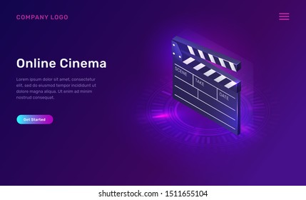 Online cinema or movie, isometric concept vector illustration. Film clapperboard on ultraviolet background. Home cinema website landing page