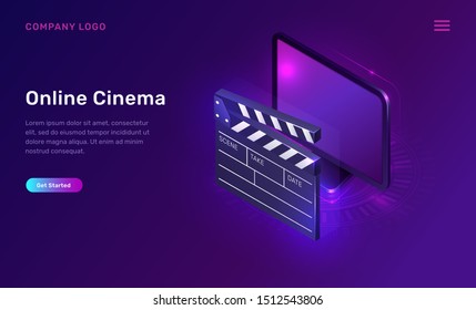 Online cinema or movie, isometric concept vector illustration. Computer monitor or TV screen, clapperboard on ultraviolet background. Home cinema website landing page