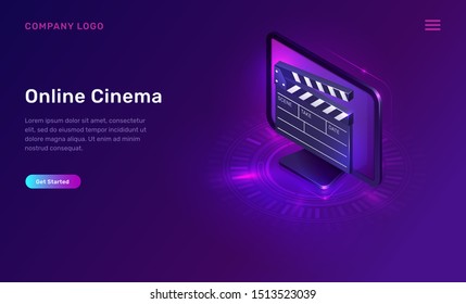 Online cinema or movie, isometric concept vector illustration. Computer monitor or TV screen, clapperboard on ultraviolet background. Home cinema website landing page