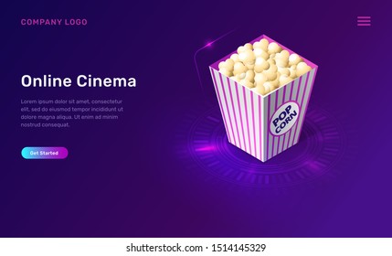 Online cinema or movie, isometric concept vector illustration. 3D popcorn bucket icon isolated on ultraviolet background. Home cinema website landing page