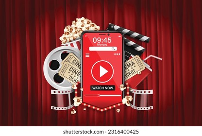 Online cinema movie watching concept.Online cinema movie watching with popcorn, 3d glasses and film-strip cinematography concept.