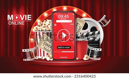 Online cinema movie watching concept.Online cinema movie watching with popcorn, 3d glasses and film-strip cinematography concept.