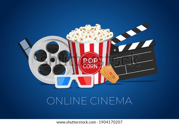 Online cinema movie watching with popcorn, 3d\
glasses and film-strip cinematography concept. Eps10  vector\
illustration on blue\
background