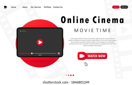 Online cinema on tablet banner. Movie theater for one viewer at home. Movie time. Vector on isolated white background. EPS 10