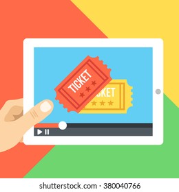 Online cinema on tablet screen. Buy tickets and watch online at home concept. Cinema app. Creative design concepts for web banners, website, printed materials, infographics. Vector illustration