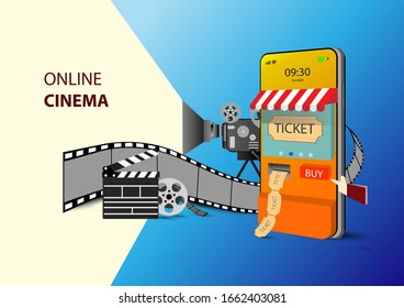 online cinema on website or Mobile Application with  movie projector and Disc with movie reel film-strip. Ticket movie online on website. concept for cinema, mobile cinema and Digital marketing. 