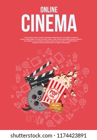 online cinema with popcorn,roll,ticket illustration web banner, background