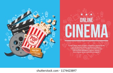 online cinema with popcorn,roll,ticket illustration web banner, background