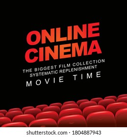 Online cinema poster, the biggest film collection. Movie theater at home. Vector illustration of empty cinema hall with red seats on a dark background. The concept of online cinema