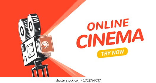 Online cinema poster concept background. Movie film projector old camera flyer digital movie