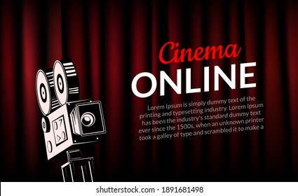 Online cinema poster concept background. Movie film projector old camera flyer digital movie