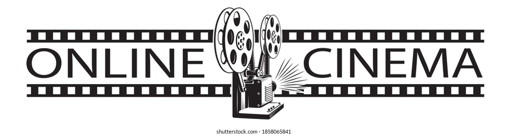 online cinema poster with retro film projector isolated on white background