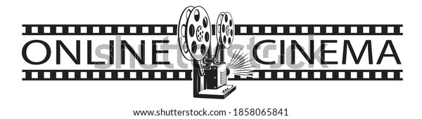 online cinema poster with retro film projector\
isolated on white\
background
