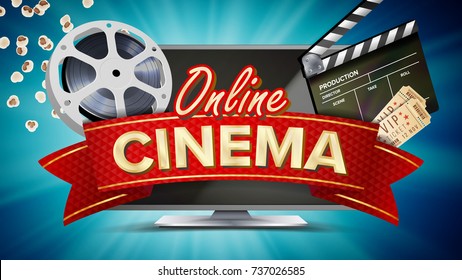 Online Cinema Poster Vector. Modern Computer Monitor Concept. Filmstrip, Reel, Film Clapper, Vintage Ticket, Popcorn. Marketing Luxury Illustration.