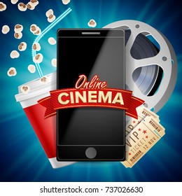 Online Cinema Poster Vector. Modern Mobile Smart Phone Concept. Good For Flyer, Banner, Marketing On Social Network. Movie Reel, Clapper Board.  Marketing Luxury Banner, Poster Illustration.