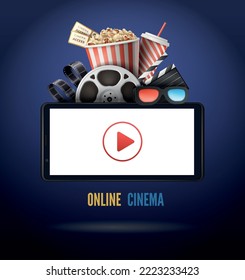 Online cinema realistic poster with play button on screen popcorn 3d glasses on dark blue background vector illustration