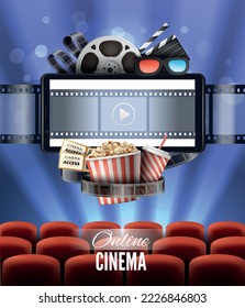 Online cinema realistic poster with screen popcorn 3d glasses seats vector illustration