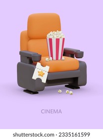 Online cinema. Rest, movie, delicious snacks. Commercial poster in cartoon style. Template with 3D illustration, place for announcement, date, advertising text