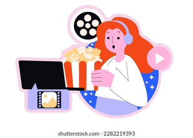 Online cinema round concept with people scene in the flat cartoon style. Girl arranged an online viewing of the movie with popcorn. Vector illustration.