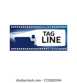 Online Cinema service advertising banner design concept. Sofa, lampshade and cinema screen. Text and celluloid film background. Place for your logotype on the screen. Editable EPS vector
