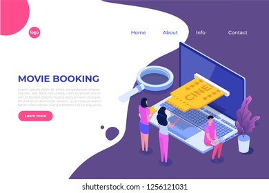 Online cinema tickets booking isometric concept. Mobile app. Vector illustration