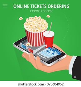 Online cinema tickets ordering, food. Delivery online service,  Flat 3d isometric illustration. For infographics and design 