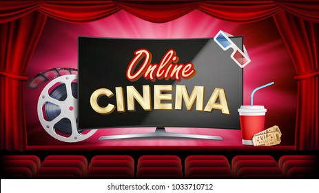 Online Cinema Vector. Banner With Computer Monitor. Red Curtain. Theater, 3D Glasses, Film-strip Cinematography. Online Movie Banner, Poster. Illustration
