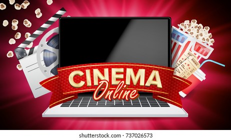 Online Cinema Vector. Banner With Laptop. Film Industry Elements. Film Tape For Cinematography. Billboard, Promo Concept Illustration.