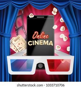 Online Cinema Vector. Banner With Mobile Phone. Red Curtain. Theater. 3D Online Cinema. Template For Web Cite, Ads, Poster. Flyer, Poster. Film Industry. Illustration