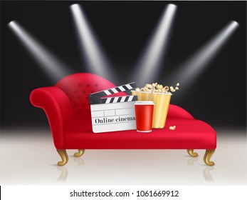 Online cinema vector concept illustration with red velvet couch, clapperboard, popcorn bucket, cardboard cup with drink illuminated by white beams of spotlights. Home movie theater abstract background