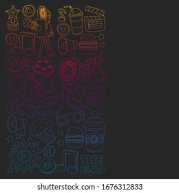 Online cinema vector icons. Background with popcorn, movie illustration, musical notes.