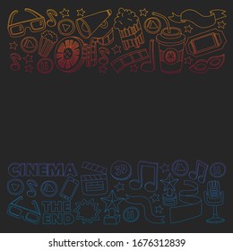 Online cinema vector icons. Background with popcorn, movie illustration, musical notes.