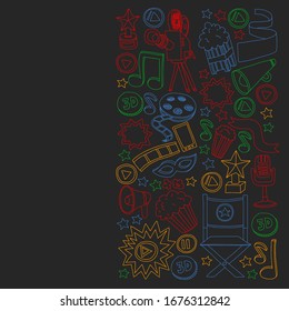 Iconos vectoriales de cine en línea. Fondo con palomitas, ilustración de películas, notas musicales.