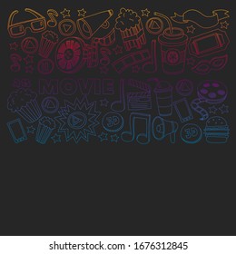 Online cinema vector icons. Background with popcorn, movie illustration, musical notes.