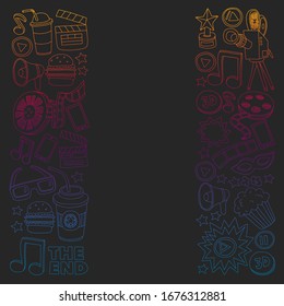 Online cinema vector icons. Background with popcorn, movie illustration, musical notes.