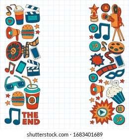 Online cinema vector icons. Background with popcorn, movie illustration, musical notes.